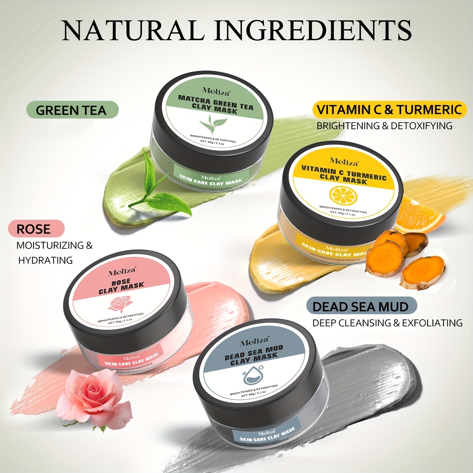 4pcs Clay Mask Set: Turmeric Vitamin C, Green Tea, Dead Sea Mud