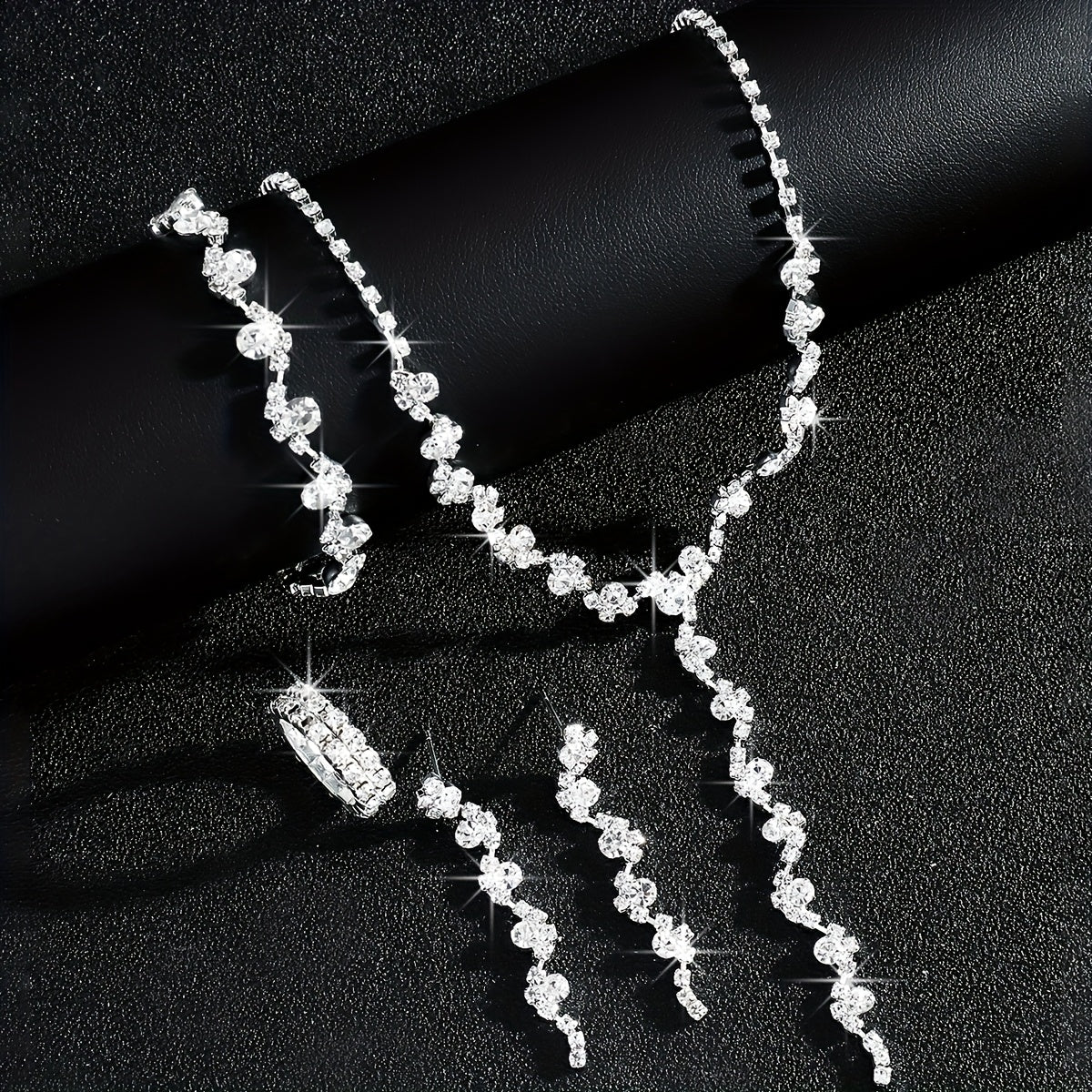 Luxury High-End Sparkling Rhinestone Flower Necklace, Bracelet, Earrings, Ring Set for Music Party Jewelry