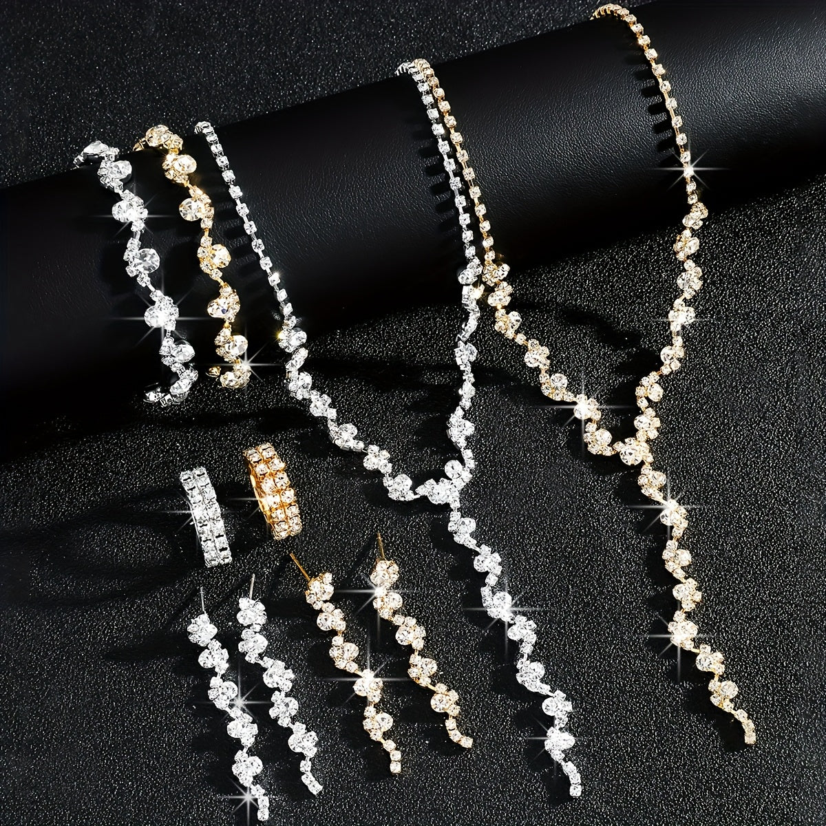 Luxury High-End Sparkling Rhinestone Flower Necklace, Bracelet, Earrings, Ring Set for Music Party Jewelry