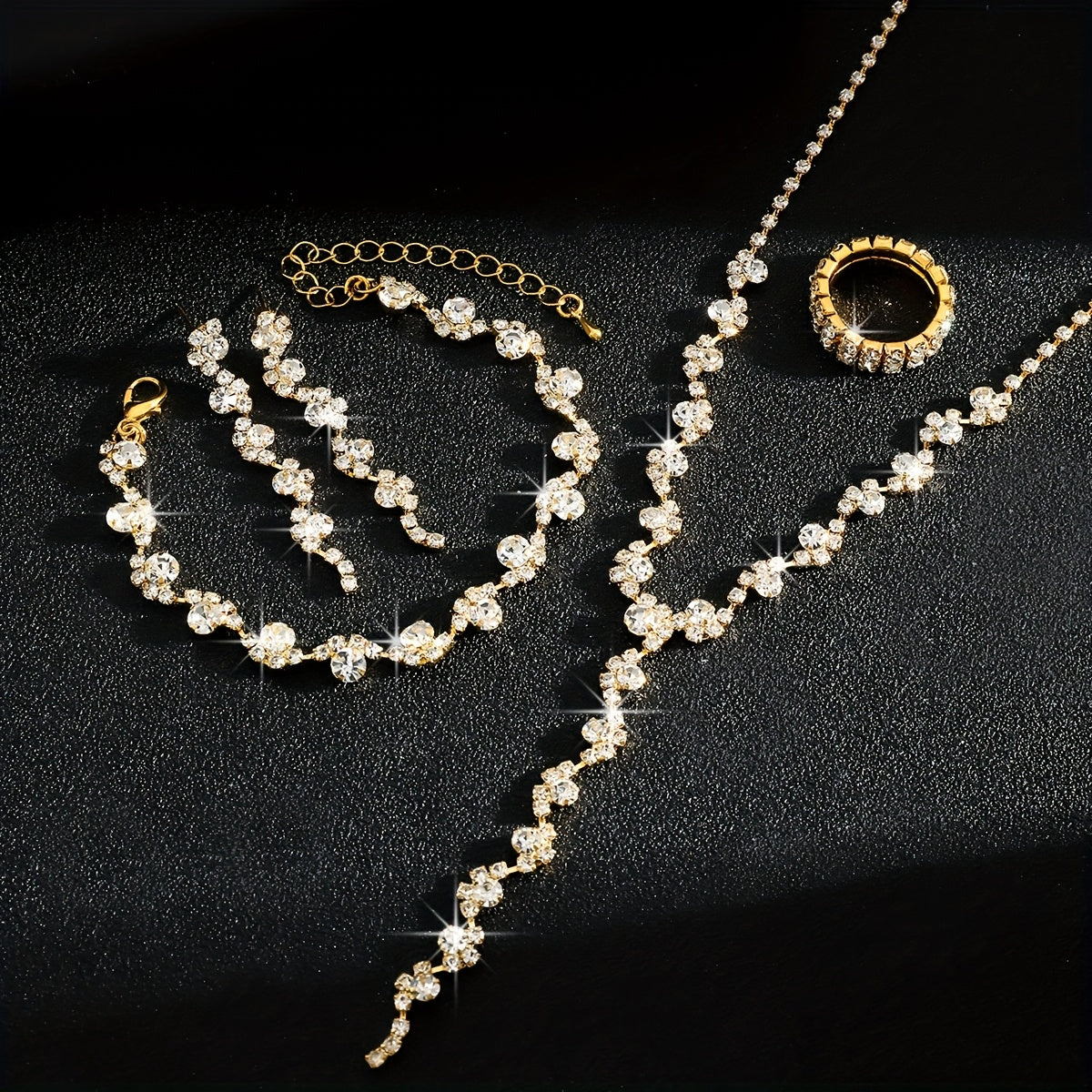 Luxury High-End Sparkling Rhinestone Flower Necklace, Bracelet, Earrings, Ring Set for Music Party Jewelry