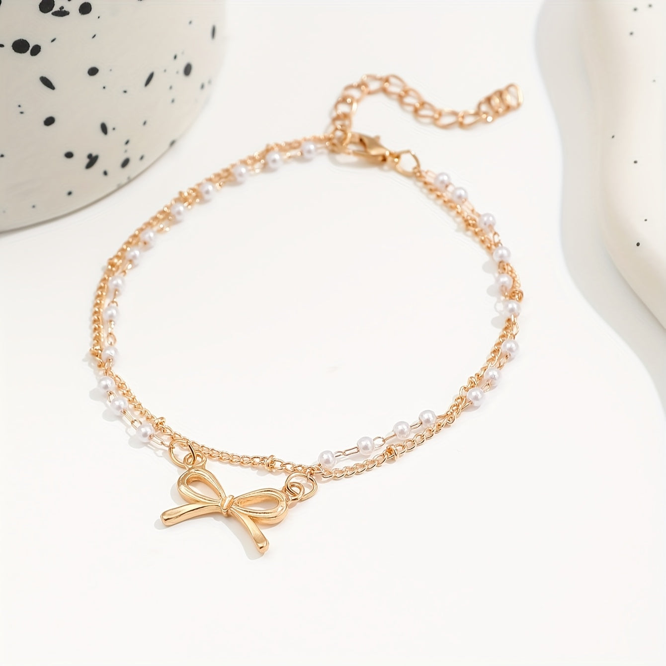 1pc Elegant Double Layered Iron Chain Anklet with Faux Pearl & Bow Pendant