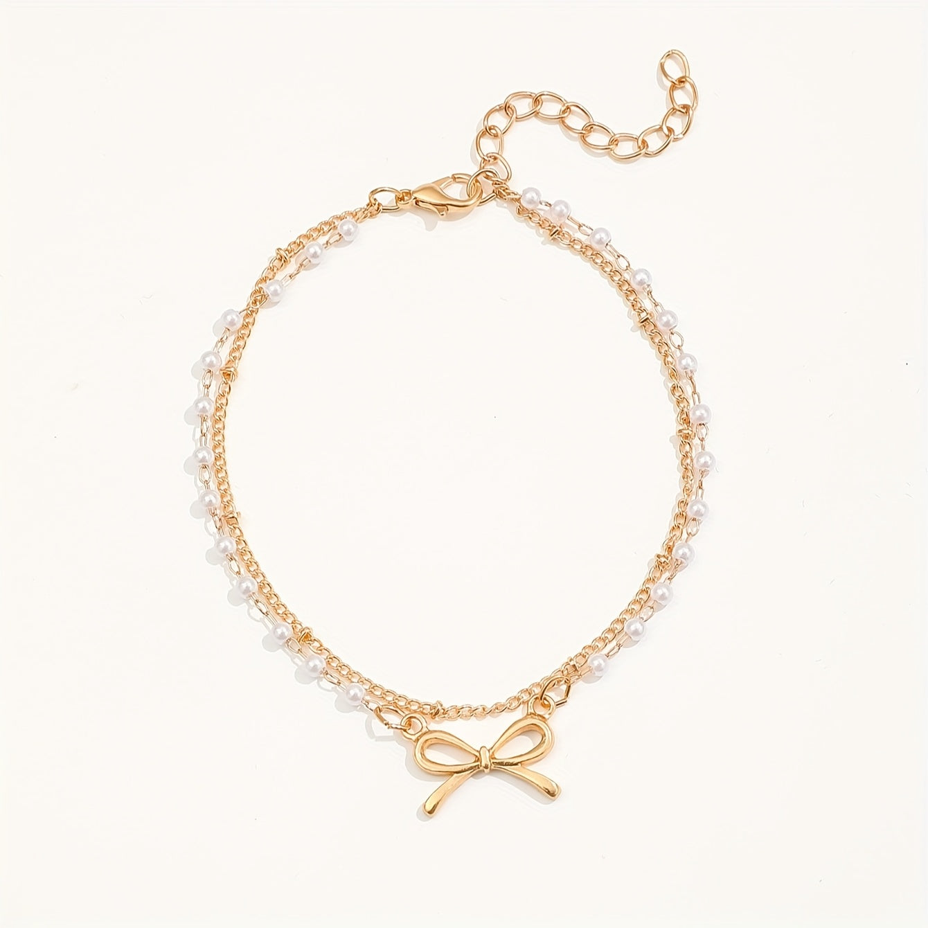 1pc Elegant Double Layered Iron Chain Anklet with Faux Pearl & Bow Pendant