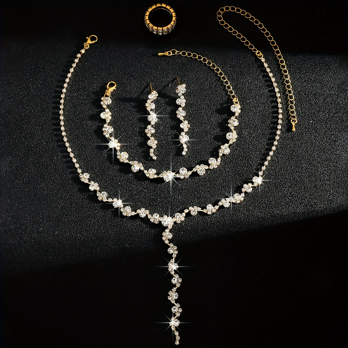 Luxury High-End Sparkling Rhinestone Flower Necklace, Bracelet, Earrings, Ring Set for Music Party Jewelry