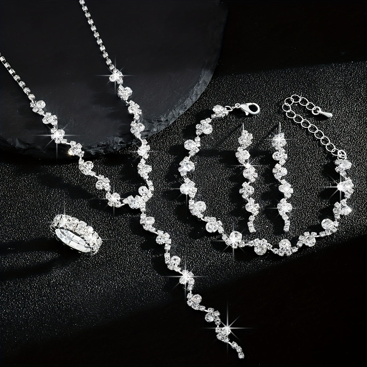 Luxury High-End Sparkling Rhinestone Flower Necklace, Bracelet, Earrings, Ring Set for Music Party Jewelry