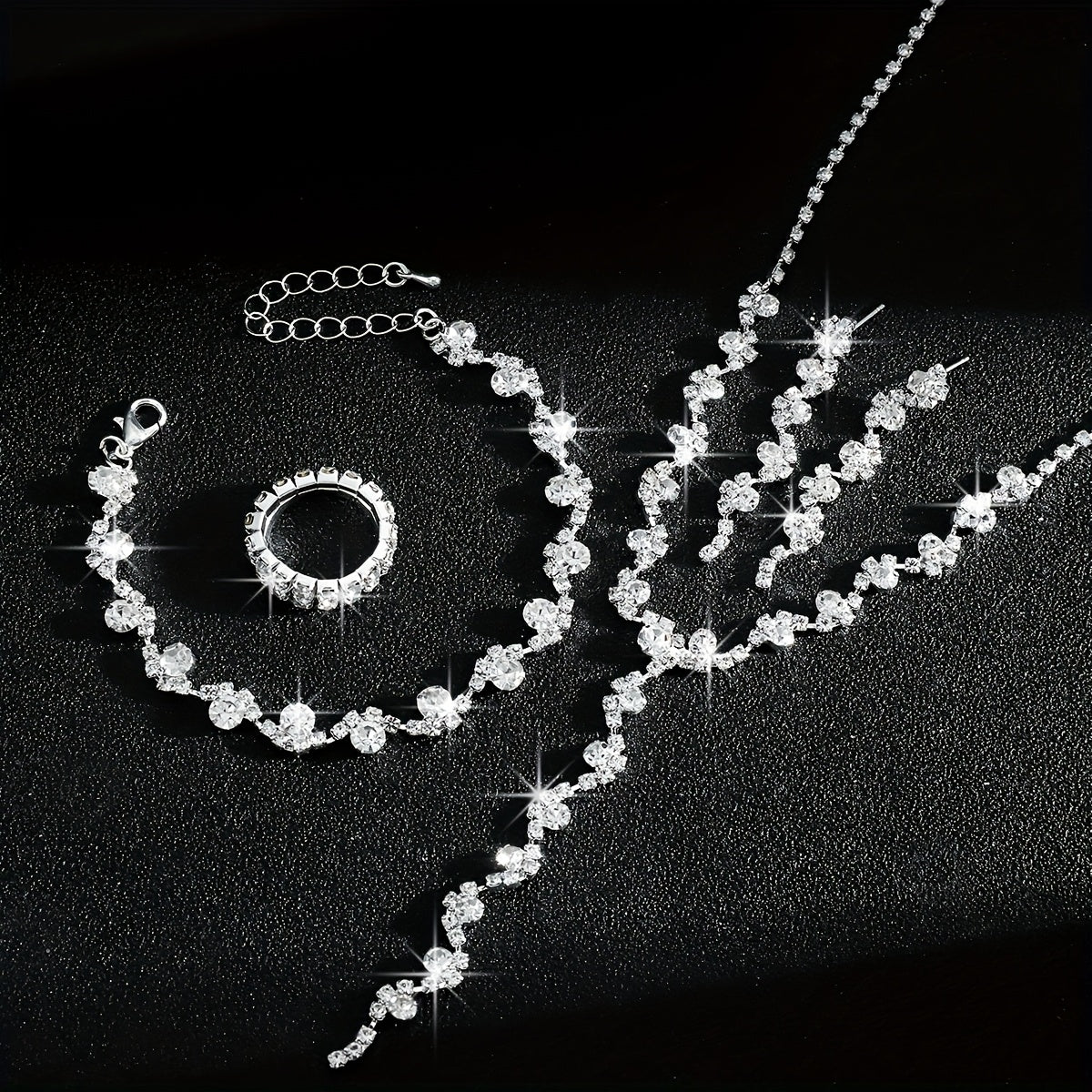 Luxury High-End Sparkling Rhinestone Flower Necklace, Bracelet, Earrings, Ring Set for Music Party Jewelry