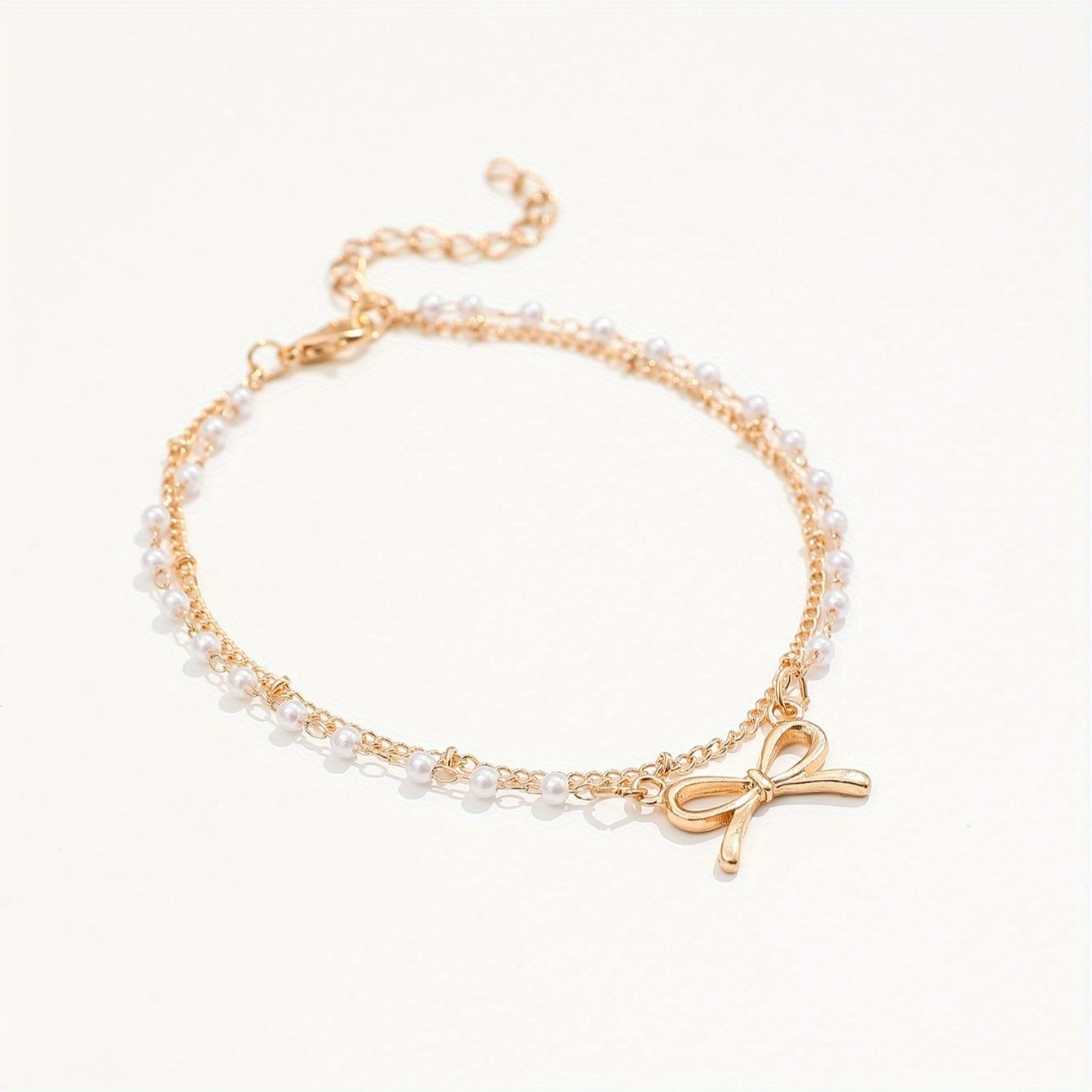 1pc Elegant Double Layered Iron Chain Anklet with Faux Pearl & Bow Pendant