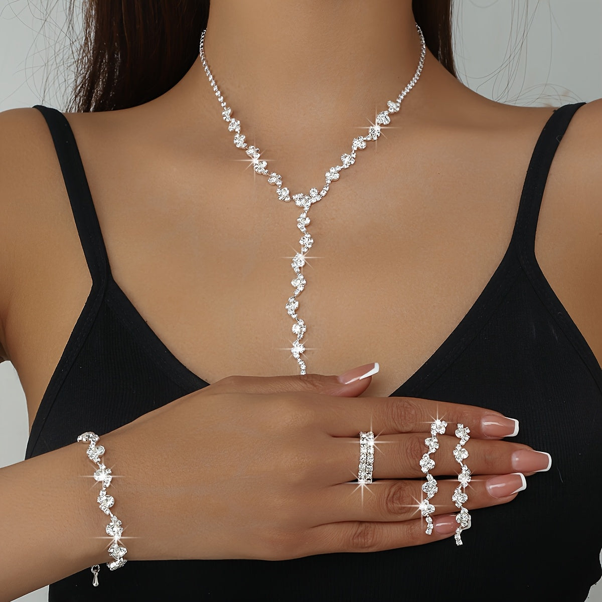 Luxury High-End Sparkling Rhinestone Flower Necklace, Bracelet, Earrings, Ring Set for Music Party Jewelry