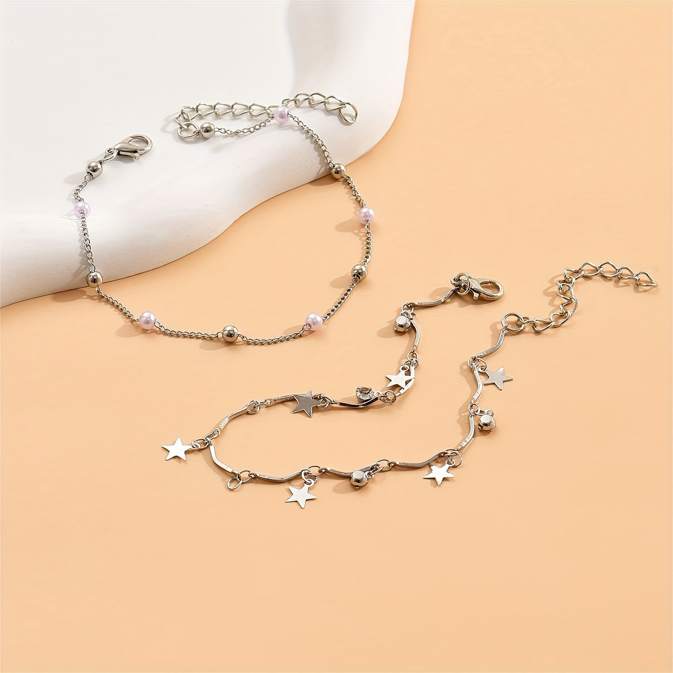 2pcs Imitation Pearl Star Pendant Anklet