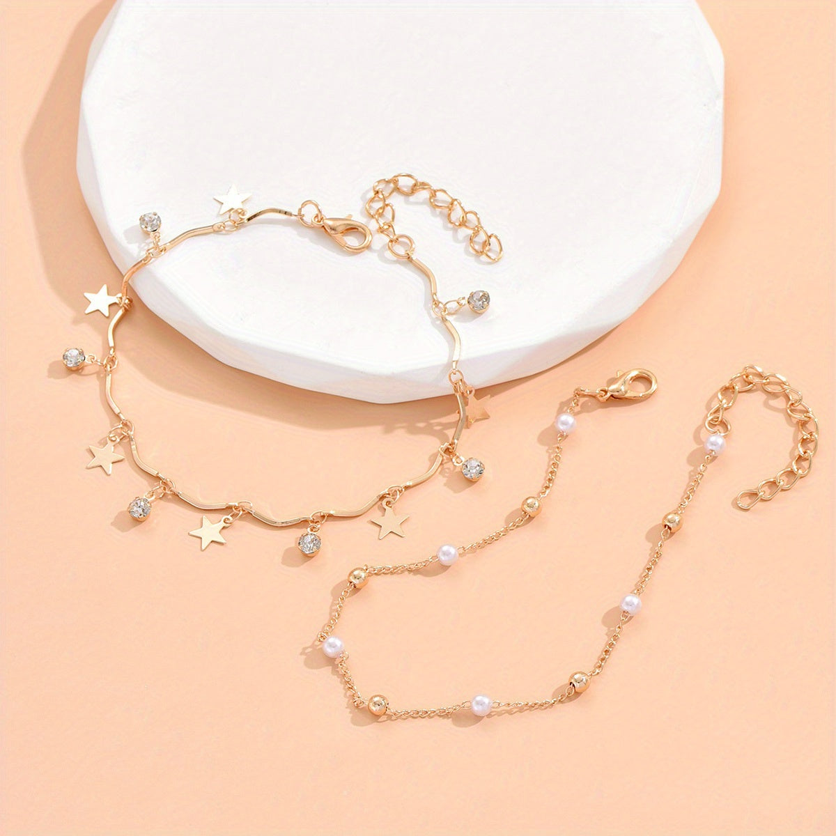 2pcs Imitation Pearl Star Pendant Anklet