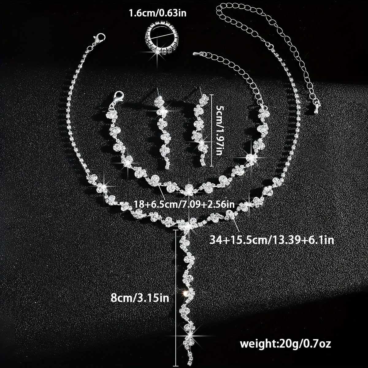 Luxury High-End Sparkling Rhinestone Flower Necklace, Bracelet, Earrings, Ring Set for Music Party Jewelry