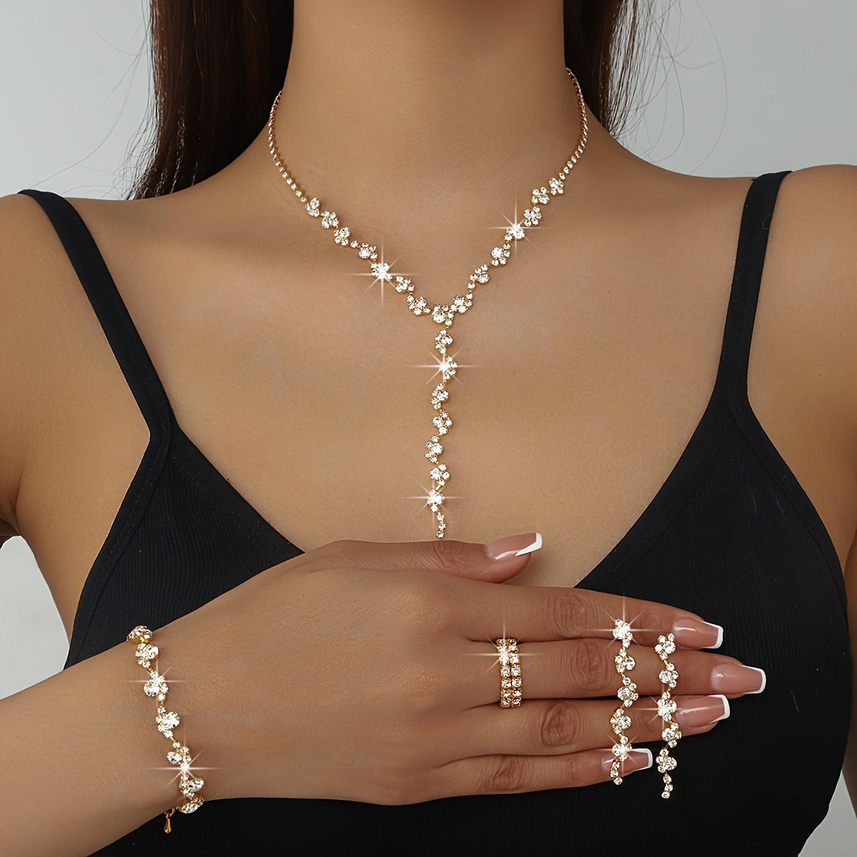 Luxury High-End Sparkling Rhinestone Flower Necklace, Bracelet, Earrings, Ring Set for Music Party Jewelry