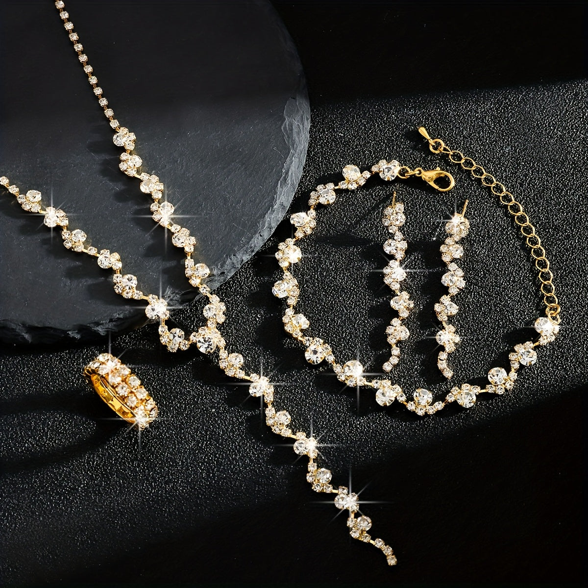 Luxury High-End Sparkling Rhinestone Flower Necklace, Bracelet, Earrings, Ring Set for Music Party Jewelry