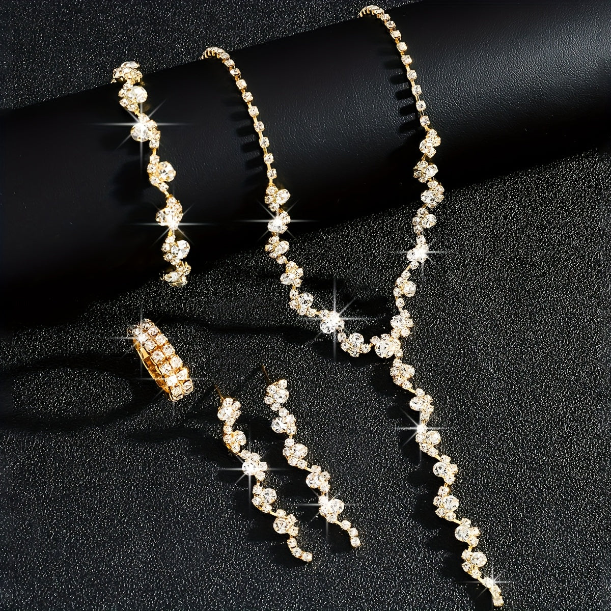 Luxury High-End Sparkling Rhinestone Flower Necklace, Bracelet, Earrings, Ring Set for Music Party Jewelry