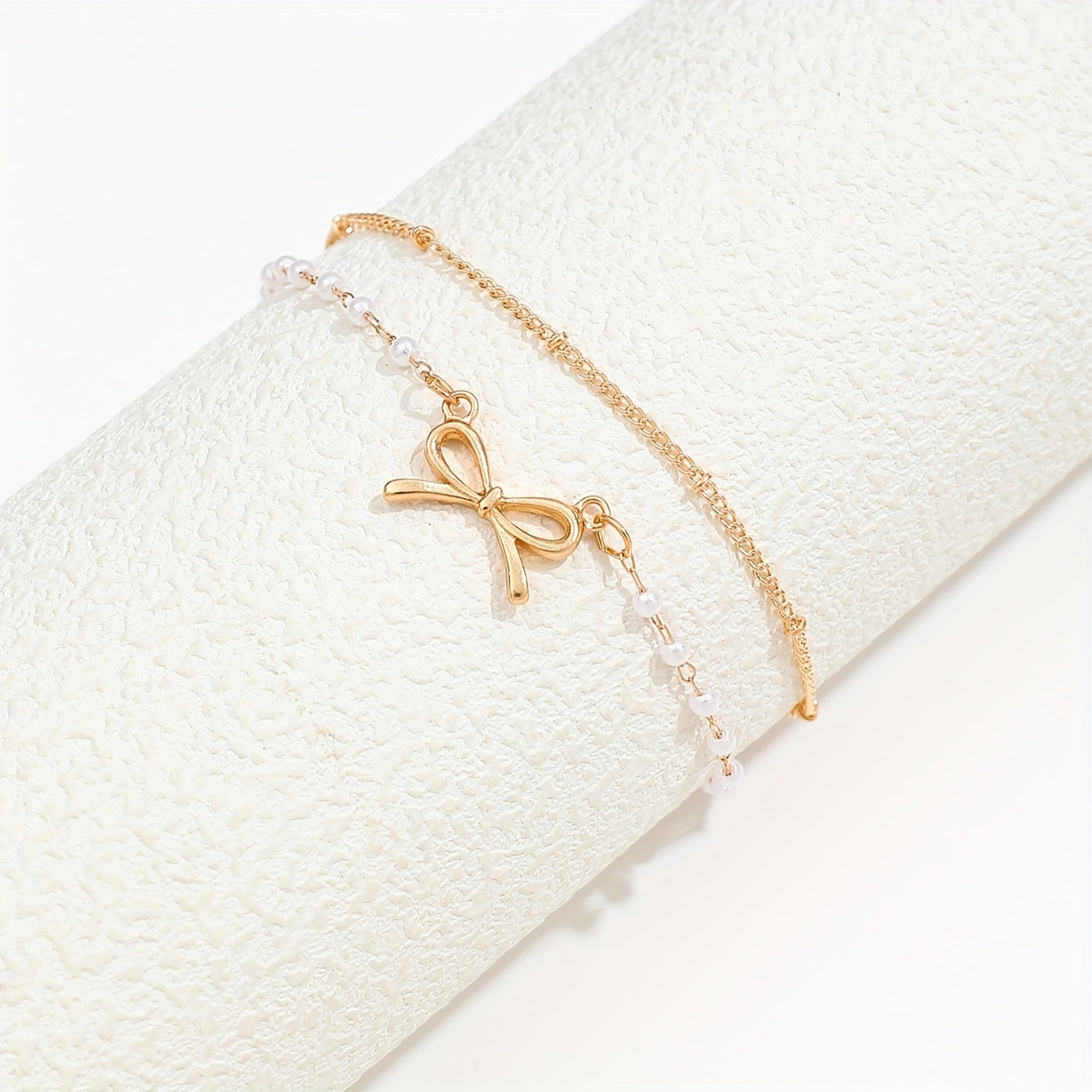1pc Elegant Double Layered Iron Chain Anklet with Faux Pearl & Bow Pendant