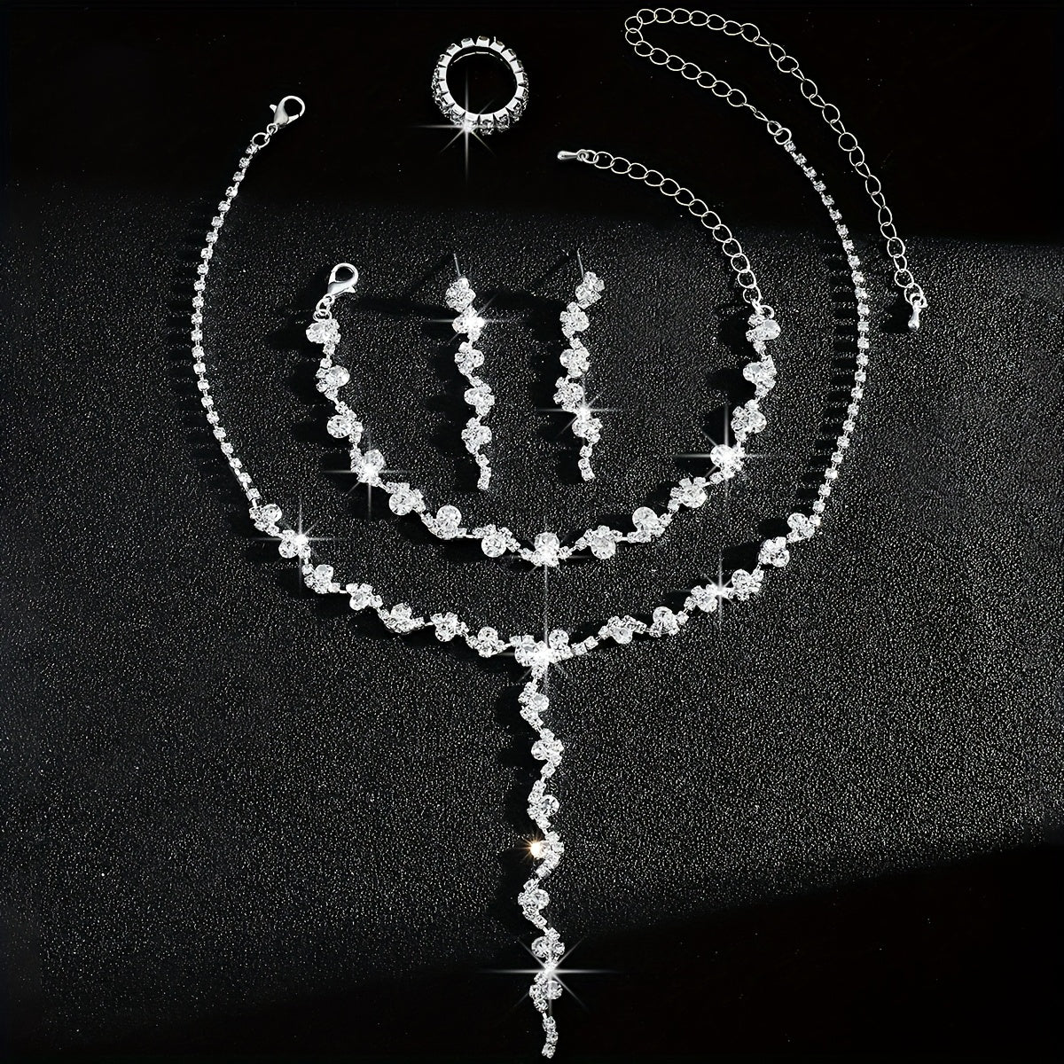 Luxury High-End Sparkling Rhinestone Flower Necklace, Bracelet, Earrings, Ring Set for Music Party Jewelry