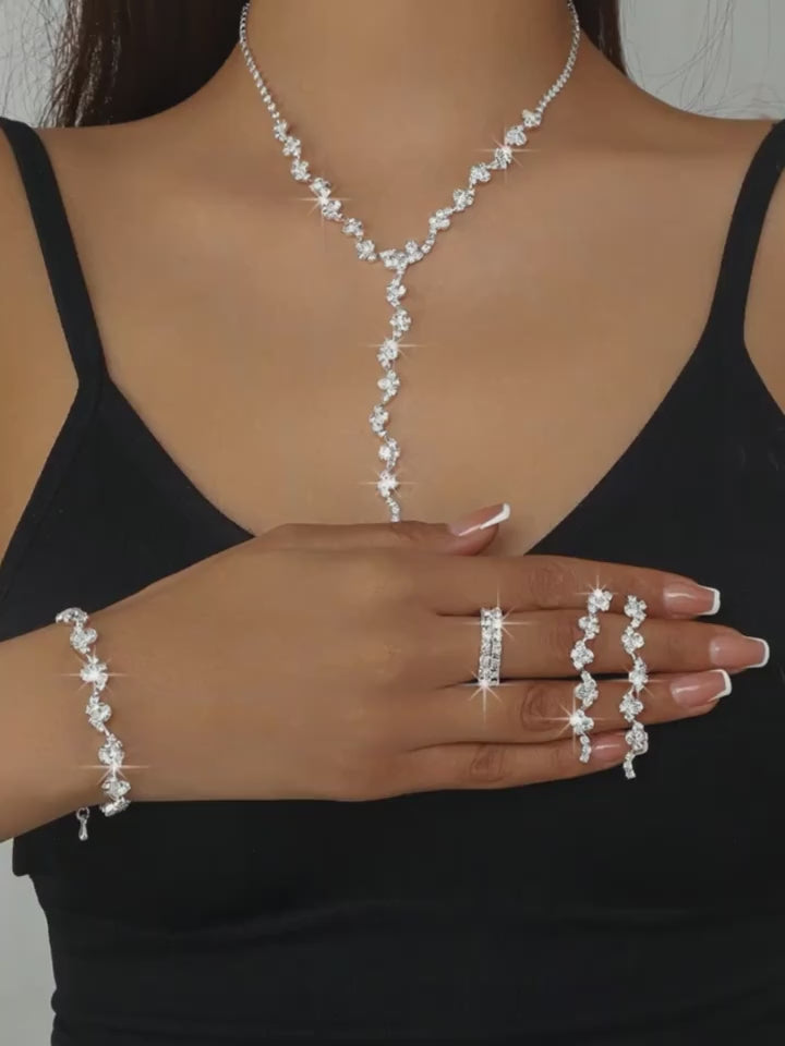 Luxury High-End Sparkling Rhinestone Flower Necklace, Bracelet, Earrings, Ring Set for Music Party Jewelry
